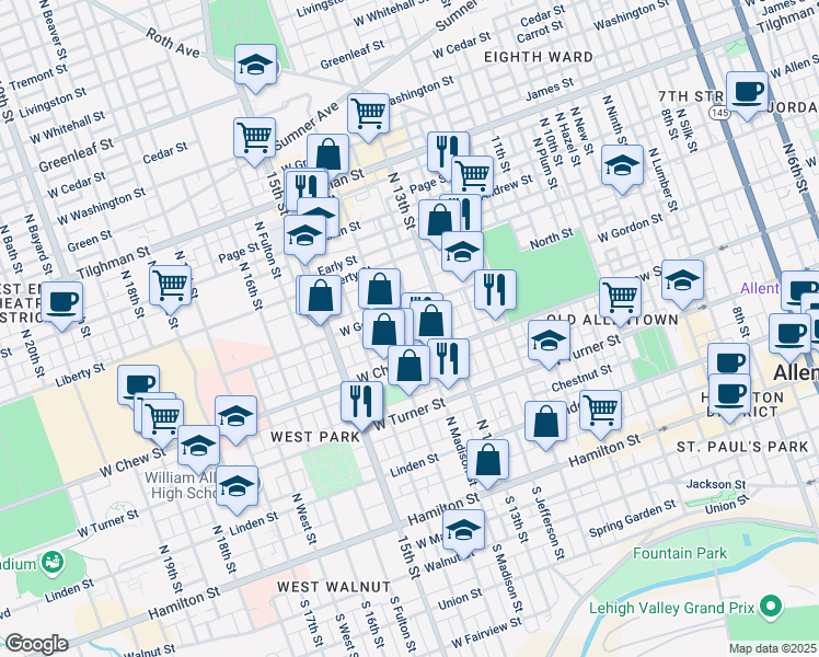 map of restaurants, bars, coffee shops, grocery stores, and more near 324 North Madison Street in Allentown