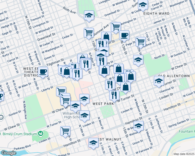map of restaurants, bars, coffee shops, grocery stores, and more near 418 N Fulton St in Allentown