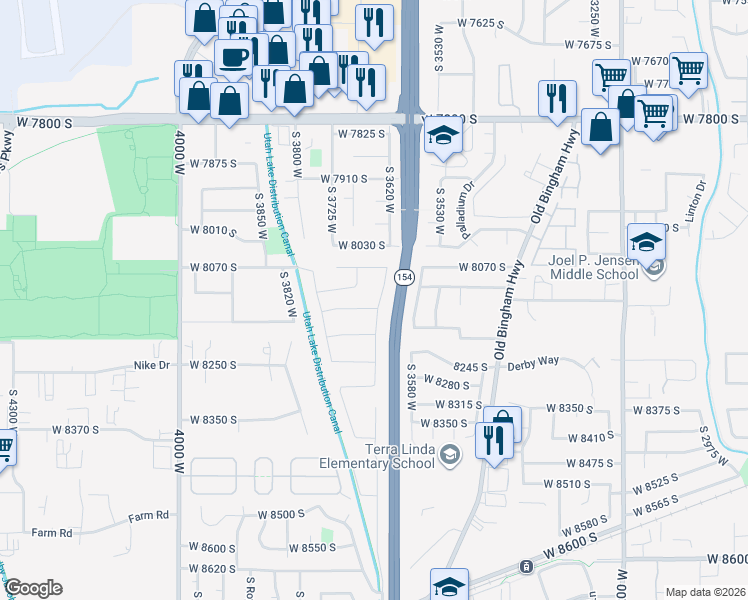 map of restaurants, bars, coffee shops, grocery stores, and more near 8128 Mallard Lane in West Jordan