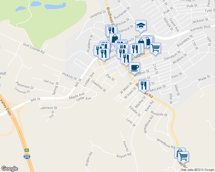 map of restaurants, bars, coffee shops, grocery stores, and more near 139 Beech St in Aliquippa