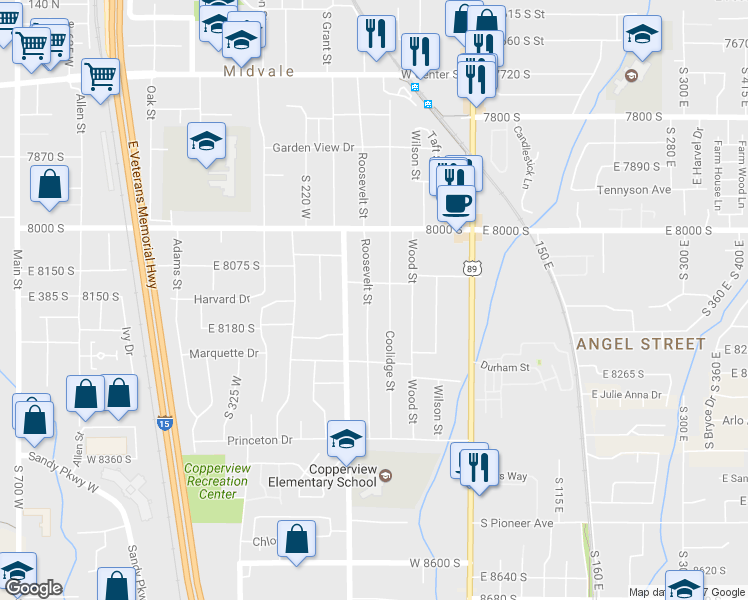 map of restaurants, bars, coffee shops, grocery stores, and more near 8147 Roosevelt Street in Midvale