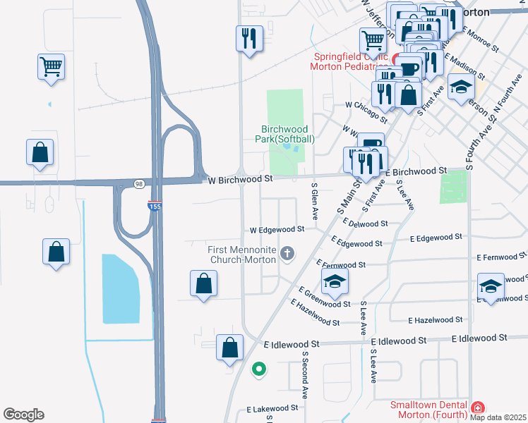 map of restaurants, bars, coffee shops, grocery stores, and more near 628 South Columbus Avenue in Morton