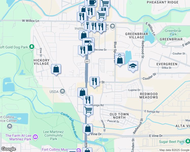 map of restaurants, bars, coffee shops, grocery stores, and more near 1225 Red Cedar Circle in Fort Collins