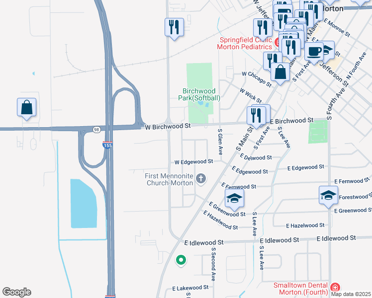 map of restaurants, bars, coffee shops, grocery stores, and more near 628 South Columbus Avenue in Morton