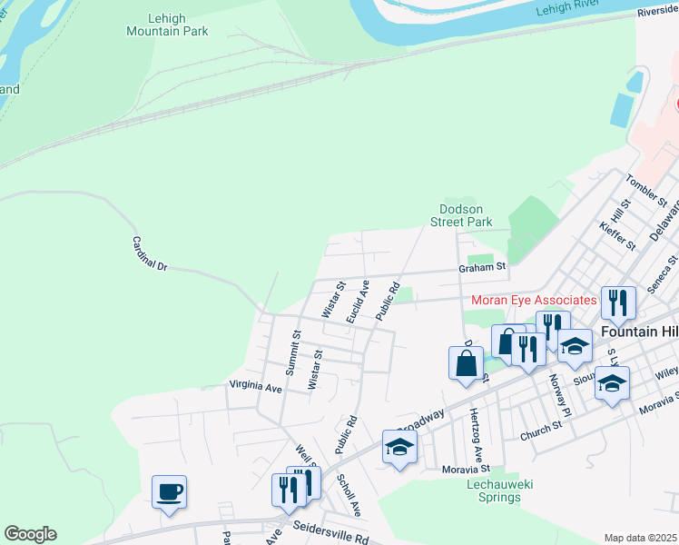map of restaurants, bars, coffee shops, grocery stores, and more near 1719 Graham St in Bethlehem