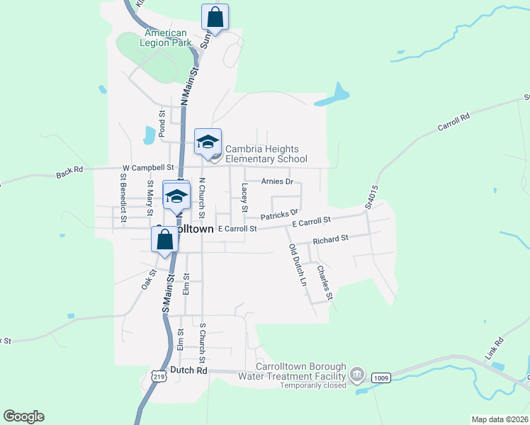 map of restaurants, bars, coffee shops, grocery stores, and more near 100-126 Patricks Dr in Carrolltown