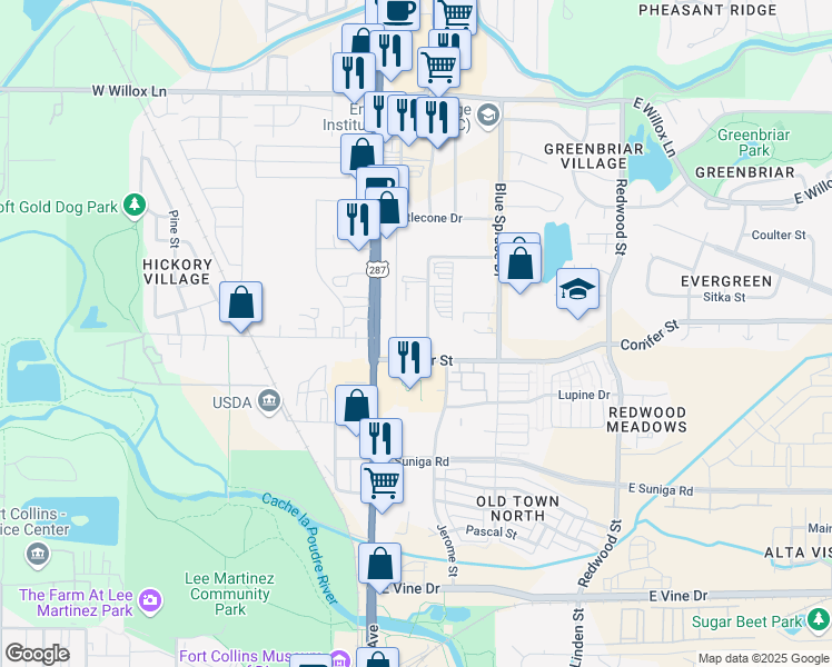 map of restaurants, bars, coffee shops, grocery stores, and more near 1225 Red Cedar Circle in Fort Collins