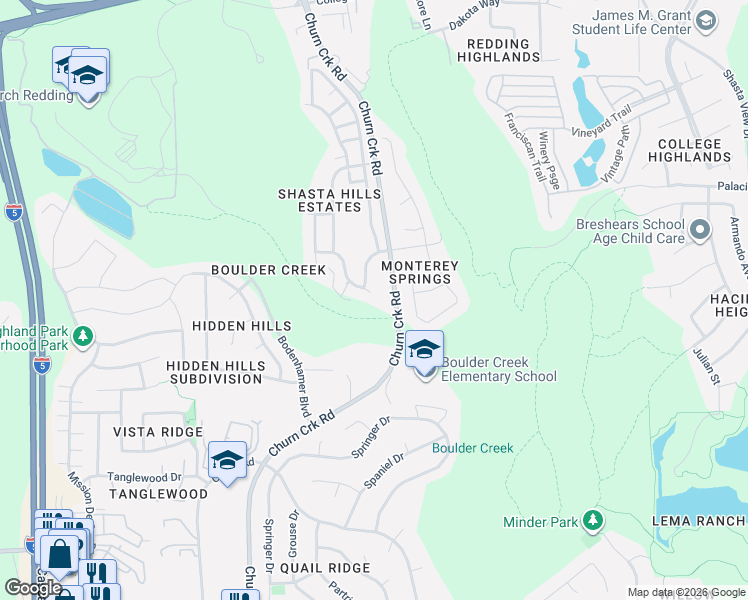 map of restaurants, bars, coffee shops, grocery stores, and more near 1293 Snowcap Trail in Redding