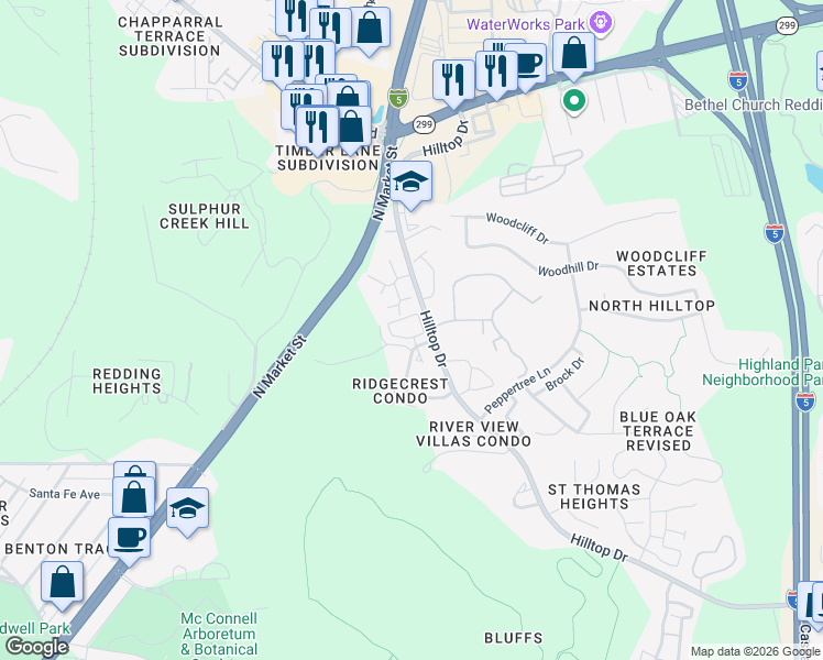map of restaurants, bars, coffee shops, grocery stores, and more near 481 Ridgecrest Trail in Redding