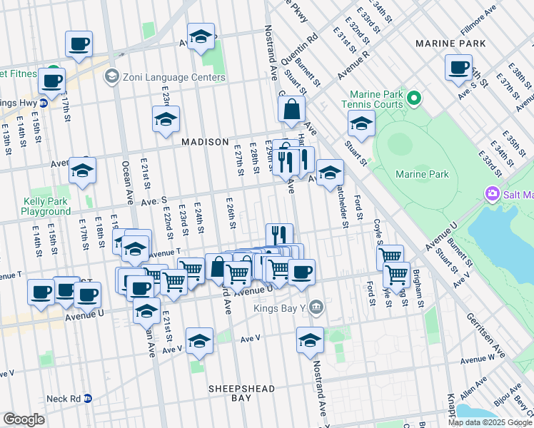 map of restaurants, bars, coffee shops, grocery stores, and more near 1960 East 29th Street in Brooklyn