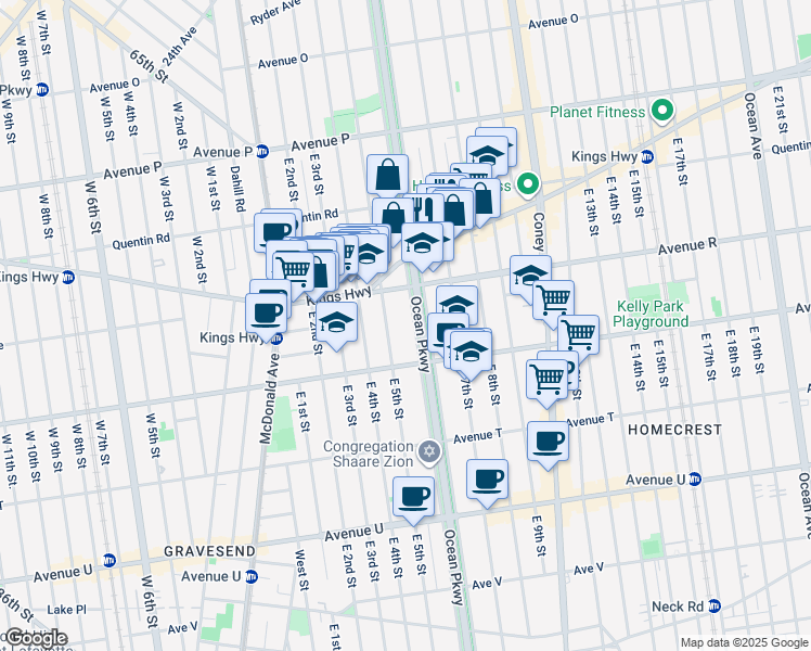 map of restaurants, bars, coffee shops, grocery stores, and more near 1853 Ocean Parkway Service Road in Brooklyn