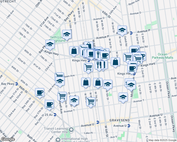 map of restaurants, bars, coffee shops, grocery stores, and more near 1798 West 7th Street in Brooklyn