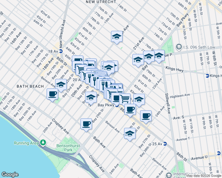 map of restaurants, bars, coffee shops, grocery stores, and more near 2116 85th Street in Brooklyn
