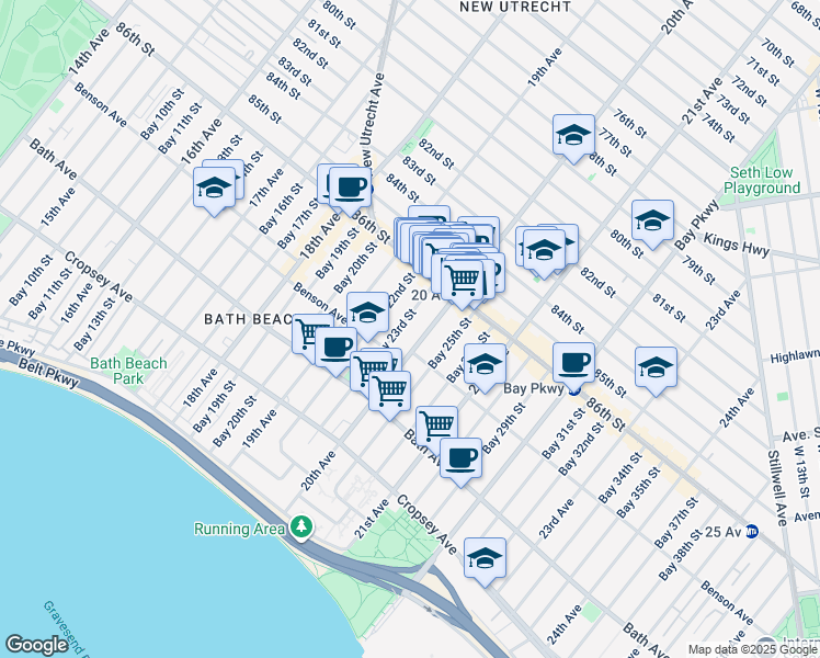 map of restaurants, bars, coffee shops, grocery stores, and more near 8656A 20th Avenue in Brooklyn