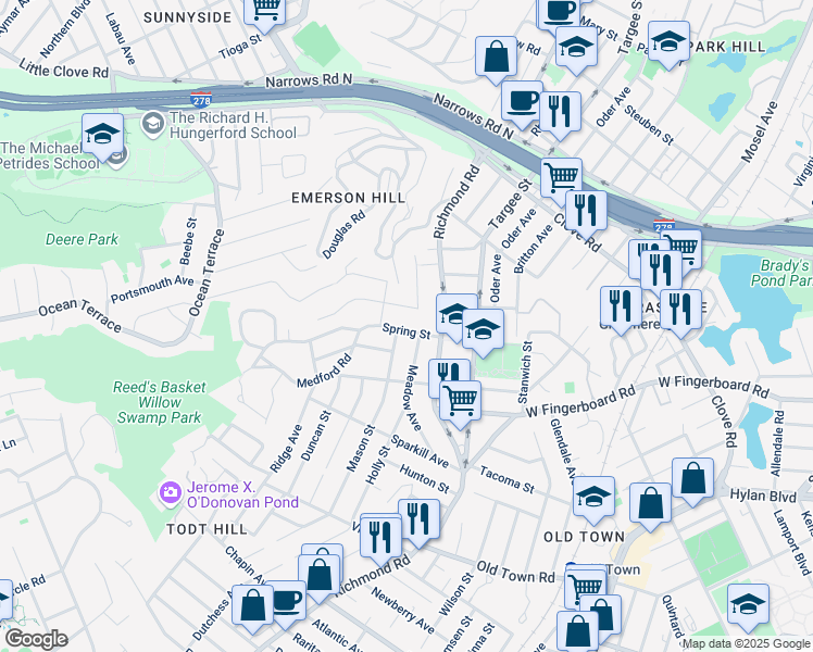 map of restaurants, bars, coffee shops, grocery stores, and more near 29 Spring Street in Staten Island