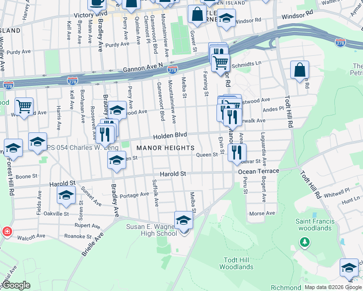 map of restaurants, bars, coffee shops, grocery stores, and more near 332 Mountainview Avenue in Staten Island