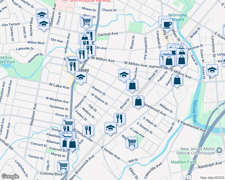 map of restaurants, bars, coffee shops, grocery stores, and more near 939 Bryant Street in Rahway