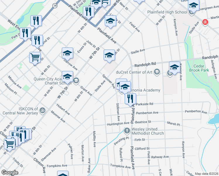 map of restaurants, bars, coffee shops, grocery stores, and more near 701 Sheridan Avenue in Plainfield