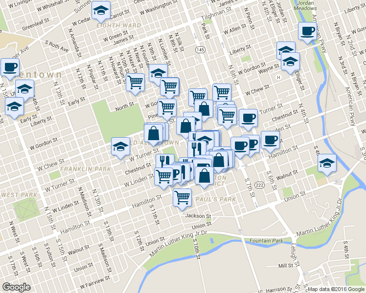 map of restaurants, bars, coffee shops, grocery stores, and more near 136 North Ninth Street in Allentown
