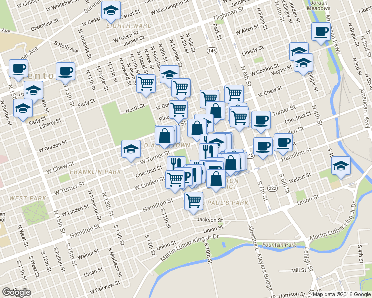 map of restaurants, bars, coffee shops, grocery stores, and more near 136 North Ninth Street in Allentown