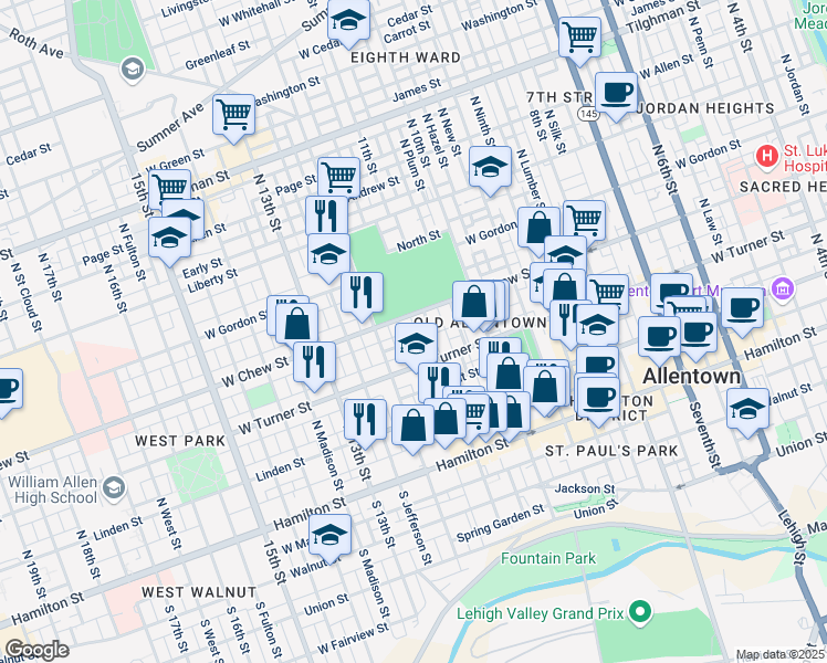 map of restaurants, bars, coffee shops, grocery stores, and more near 223 11th Street in Allentown