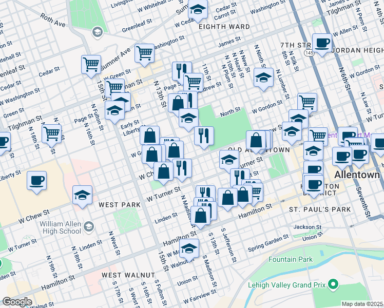 map of restaurants, bars, coffee shops, grocery stores, and more near 1220 West Chew Street in Allentown