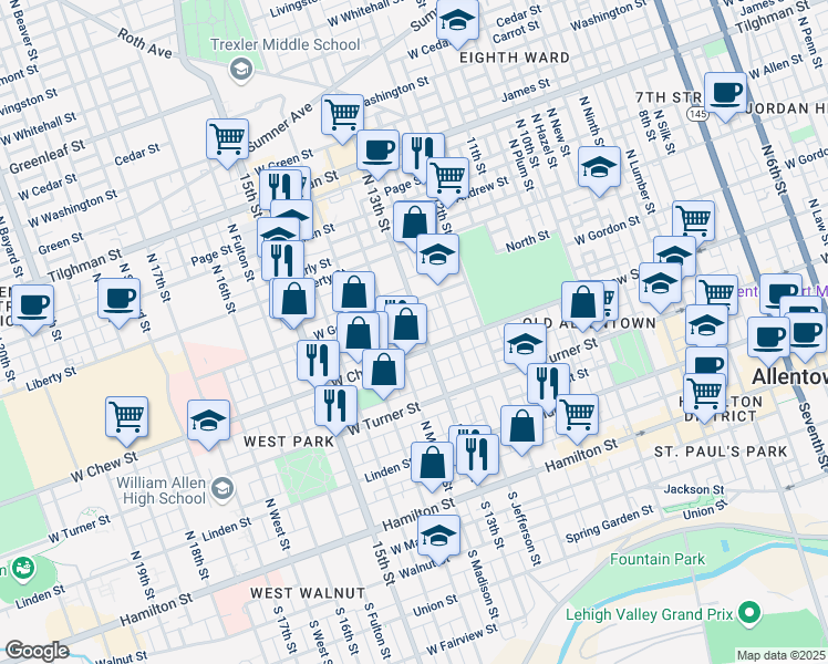 map of restaurants, bars, coffee shops, grocery stores, and more near 311 North 13th Street in Allentown