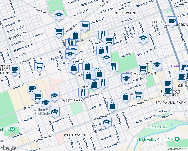 map of restaurants, bars, coffee shops, grocery stores, and more near 324 North Madison Street in Allentown