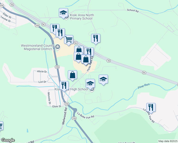 map of restaurants, bars, coffee shops, grocery stores, and more near 250 Hyde Park Road in Leechburg