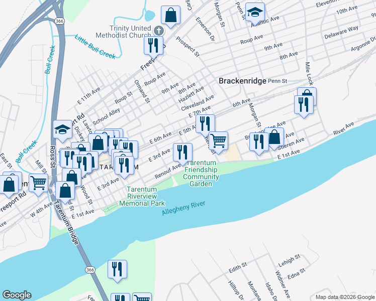 map of restaurants, bars, coffee shops, grocery stores, and more near 641 East 2nd Avenue in Tarentum