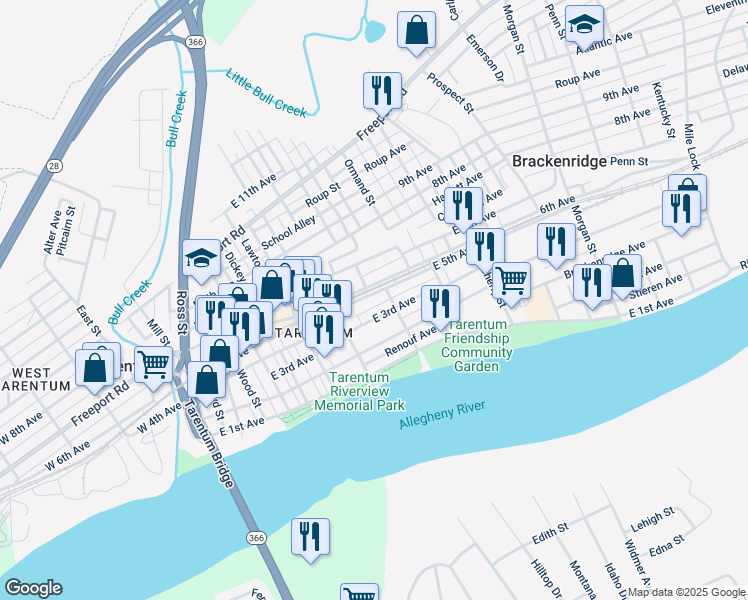 map of restaurants, bars, coffee shops, grocery stores, and more near 521 East 5th Avenue in Tarentum