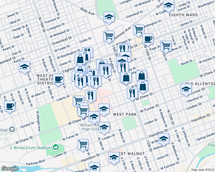 map of restaurants, bars, coffee shops, grocery stores, and more near 1616 Liberty Street in Allentown