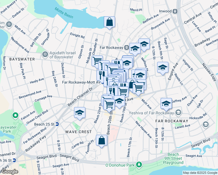 map of restaurants, bars, coffee shops, grocery stores, and more near 1047 Beach 21st Street in Queens