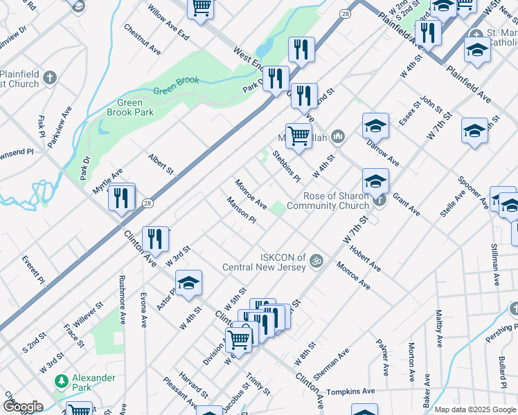 map of restaurants, bars, coffee shops, grocery stores, and more near 318 Monroe Avenue in Plainfield