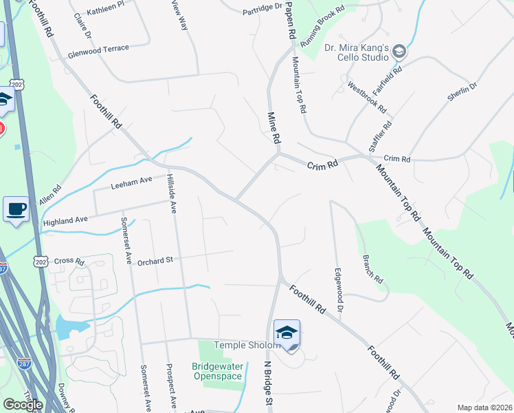 map of restaurants, bars, coffee shops, grocery stores, and more near 612 Foothill Road in Bridgewater Township