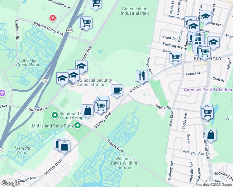map of restaurants, bars, coffee shops, grocery stores, and more near 3465 Victory Boulevard in Staten Island