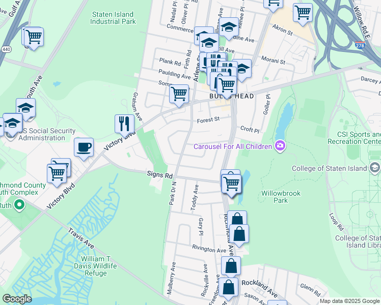 map of restaurants, bars, coffee shops, grocery stores, and more near 62 Dawson Circle in Staten Island