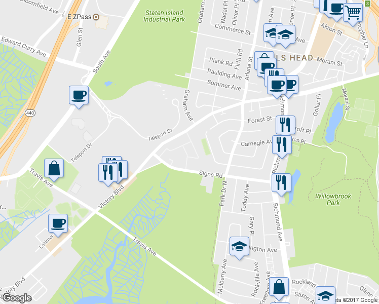 map of restaurants, bars, coffee shops, grocery stores, and more near 120A Dinsmore Street in Staten Island