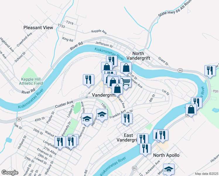 map of restaurants, bars, coffee shops, grocery stores, and more near in Vandergrift