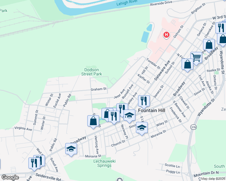 map of restaurants, bars, coffee shops, grocery stores, and more near 1226 Graham St in Fountain Hill
