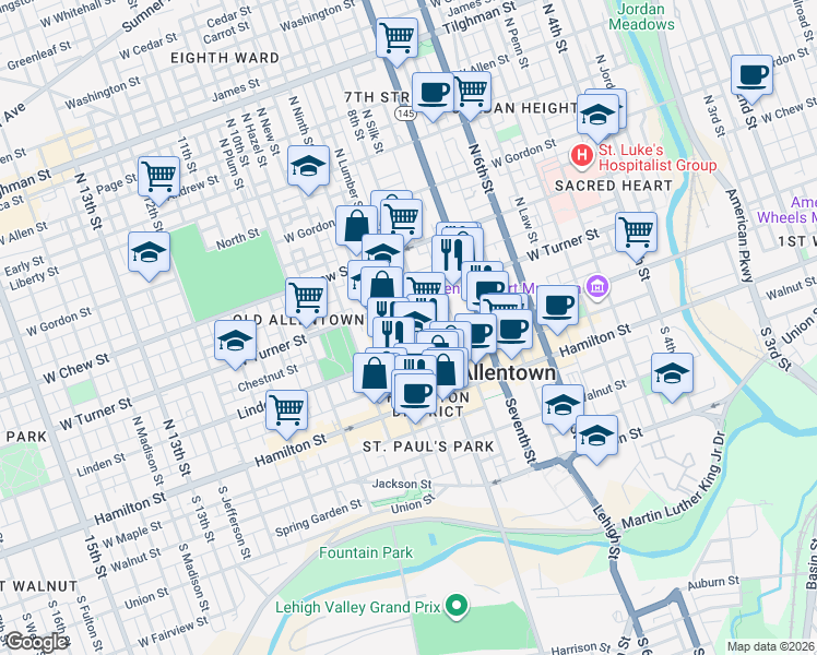 map of restaurants, bars, coffee shops, grocery stores, and more near 824 Chestnut Street in Allentown