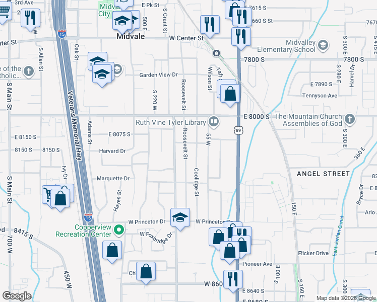 map of restaurants, bars, coffee shops, grocery stores, and more near 8147 Roosevelt Street in Midvale