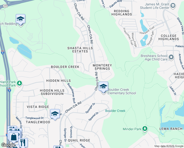 map of restaurants, bars, coffee shops, grocery stores, and more near 1293 Snowcap Trail in Redding
