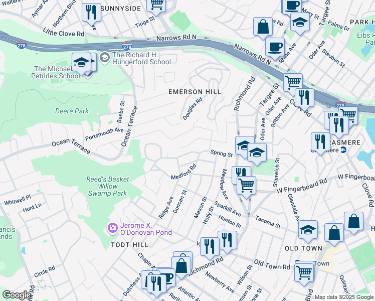 map of restaurants, bars, coffee shops, grocery stores, and more near 157 Spring Street in Staten Island