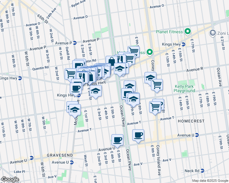 map of restaurants, bars, coffee shops, grocery stores, and more near 1850 Ocean Parkway in Brooklyn