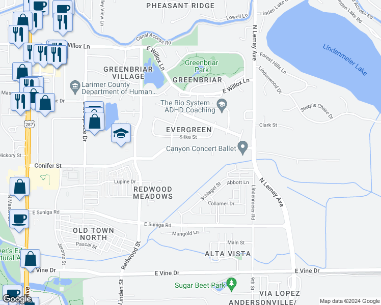 map of restaurants, bars, coffee shops, grocery stores, and more near 1206 Muddler Court in Fort Collins