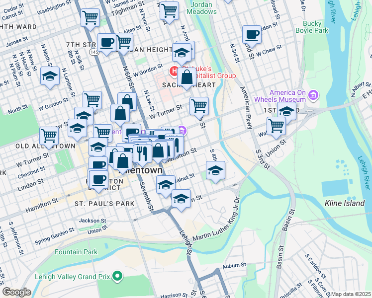 map of restaurants, bars, coffee shops, grocery stores, and more near 455 Hamilton Street in Allentown