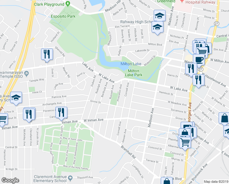 map of restaurants, bars, coffee shops, grocery stores, and more near 359 Russell Avenue in Rahway