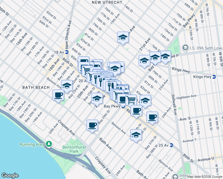 map of restaurants, bars, coffee shops, grocery stores, and more near 2116 85th Street in Brooklyn