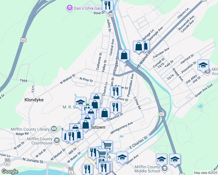 map of restaurants, bars, coffee shops, grocery stores, and more near 127 Logan Street in Lewistown